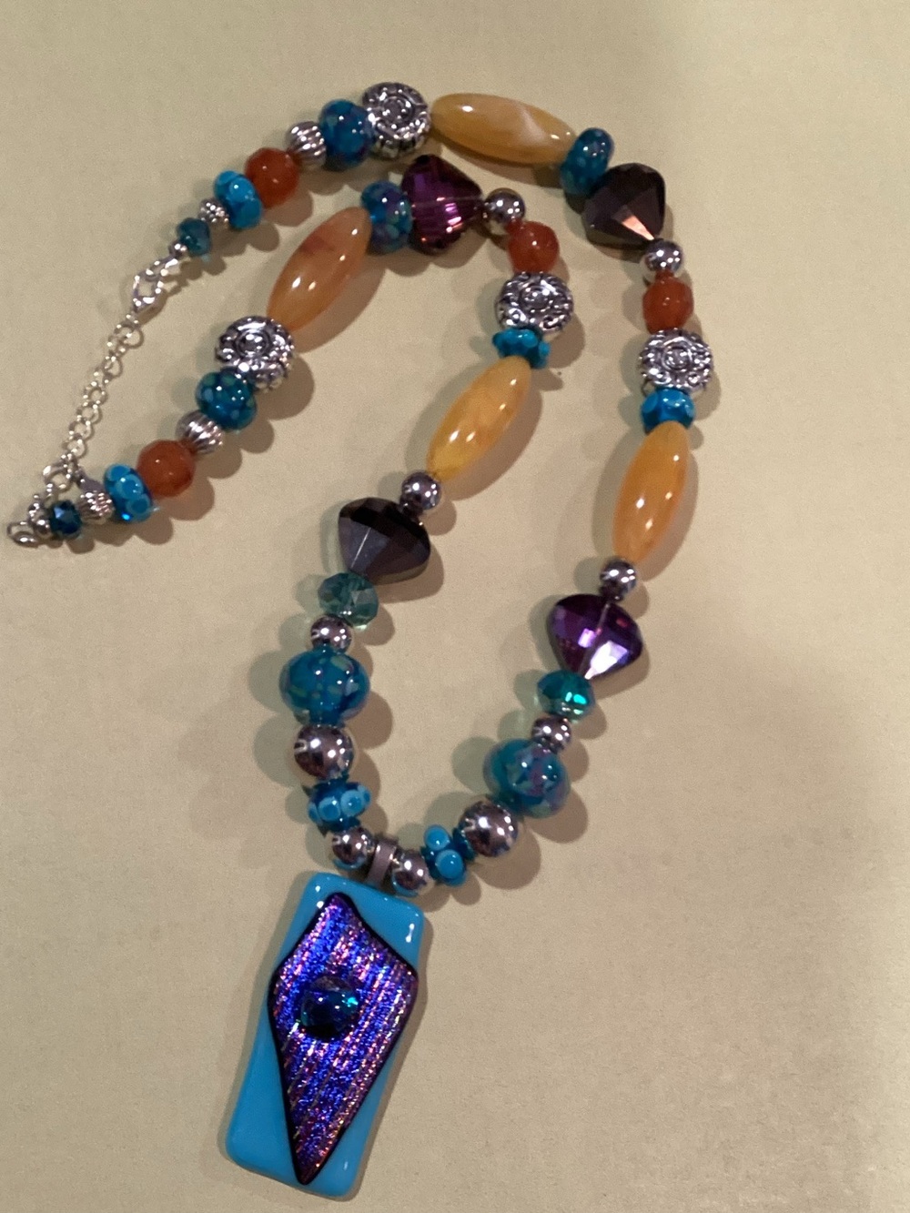 Art Glass Pendant Necklace with glass, crystal, and acrylic beads.